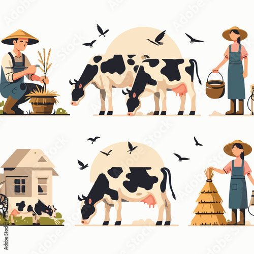 image of a farmer feeding a cow with a simple and minimalist flat design using a white background