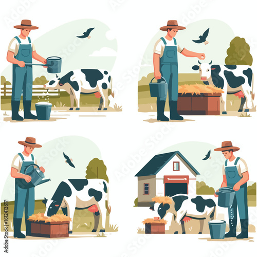 image of a farmer feeding a cow with a simple and minimalist flat design using a white background