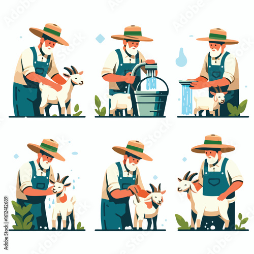 image of a farmer bathing a goat with a simple and minimalist flat design using a white background