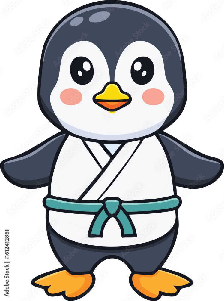Fototapeta premium A cartoon penguin wearing a karate gi with a green belt, standing upright.