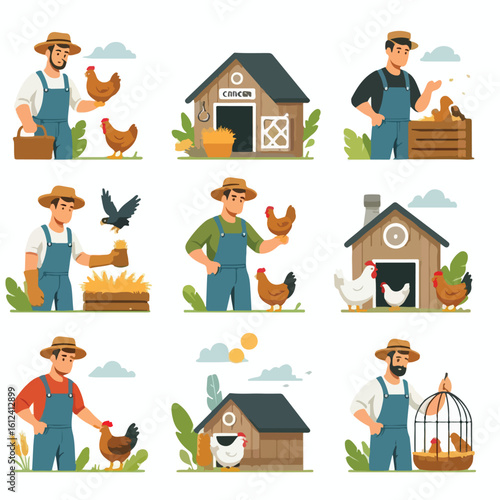image of a farmer bringing chickens to the coop with a simple and minimalist flat design using a white background