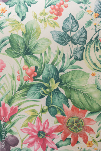 Obraz na plátně Seamless botanical wallpaper with tropical leaves, berries, flowers, and fruits in a vintage watercolor style