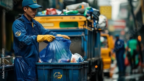 City sanitation worker collects trash.