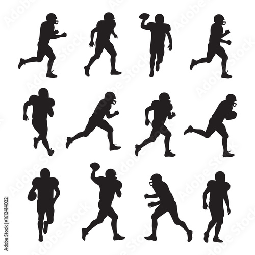 Collection of american football player silhouettes isolated on white background