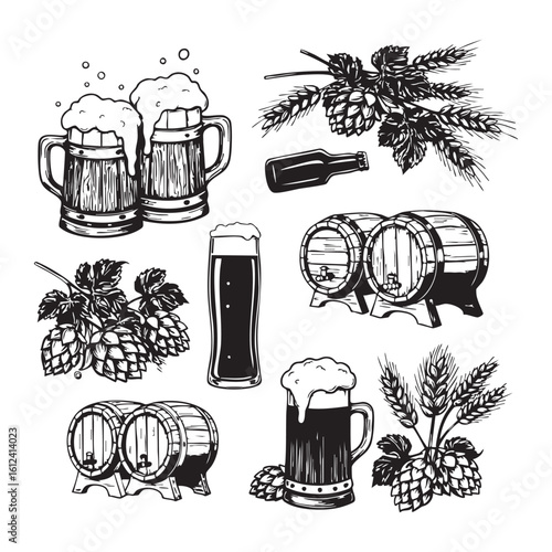 Beer mugs barrels hops and pine cones sketch isolated on white background silhouette