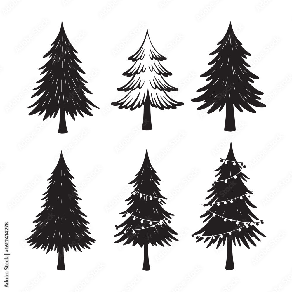 Obraz premium Six pine tree silhouettes isolated on white background