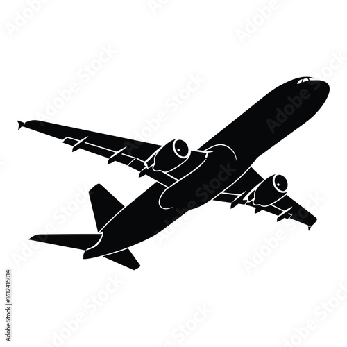 Vector art of silhouette of a modern jet airliner in flight against a white background