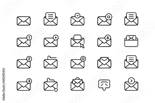 Email Icon Set: A collection of 20 monochrome line art email icons, depicting various email states including new messages, attachments, and actions.