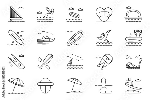 Water Sports Line Art Icons: A collection of 20 minimalist line art illustrations depicting various water sports and activities, ideal for web design or print.