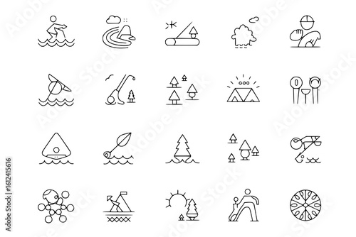 Outdoor Recreation Line Art Icons: A collection of 20 minimalist line art illustrations depicting various outdoor activities, including water sports, fishing, camping, and more.