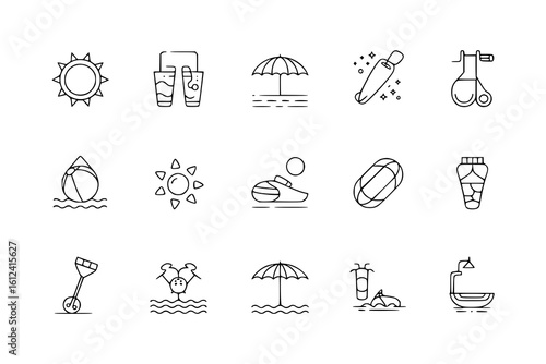 Summer Fun: A Set of Line Art Icons for Beach and Water Activities