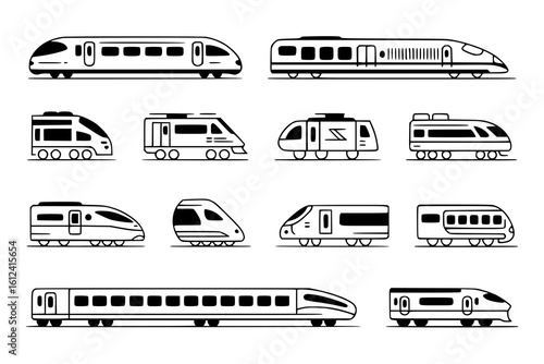 Train Collection: A set of monochrome line art illustrations showcasing various train types, from high-speed bullet trains to commuter trains, perfect for design projects.