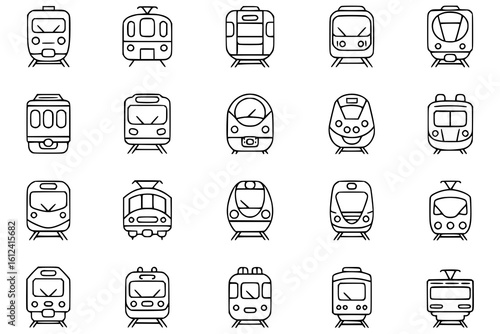 Train Collection: A set of 20 monochrome line art train illustrations, showcasing diverse train designs in a simple, vector style, perfect for commercial use.