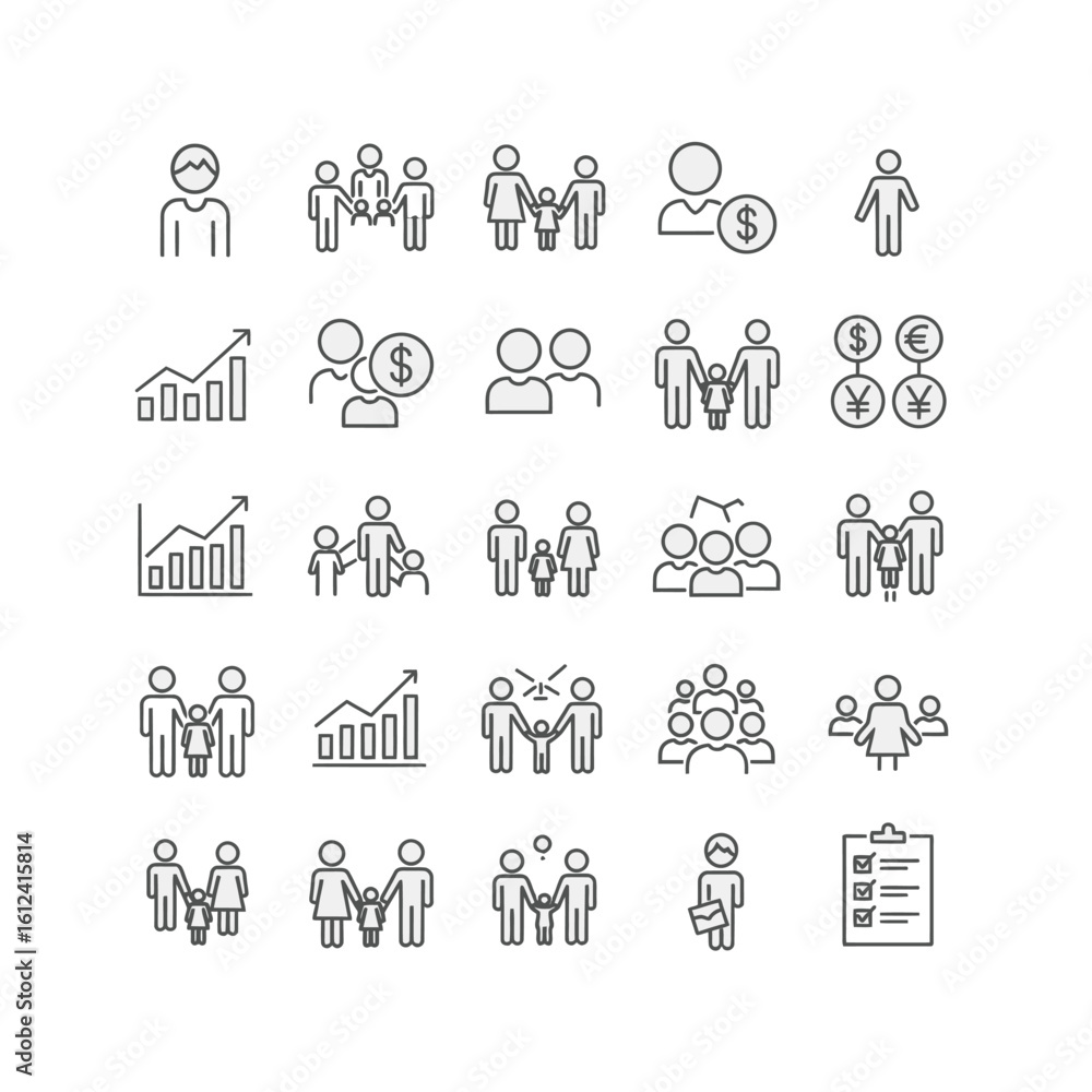 Fototapeta premium Vector art of a collection of diverse line art icons representing people, families, business growth, and financial concepts