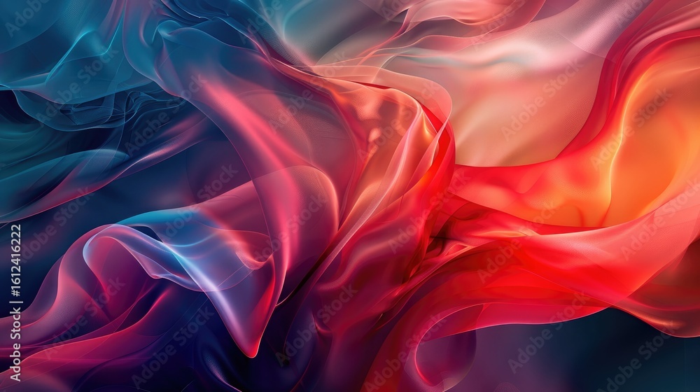 Fototapeta premium Abstract swirling forms in vibrant blues, reds, and oranges, resembling flowing fabric or smoke, creating a dynamic and energetic composition