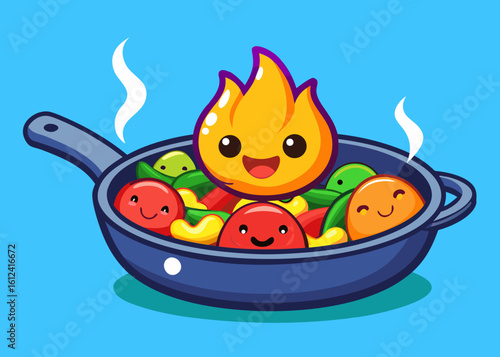 Happy flame character cooking vegetables in a frying pan