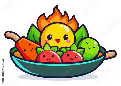 Happy cartoon vegetables and fruit in a frying pan with flames