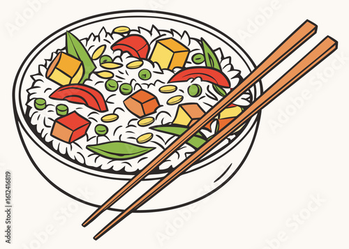 Colorful bowl of rice with vegetables and chopsticks