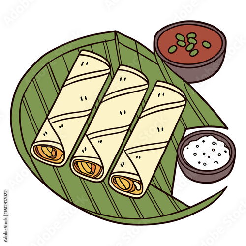 Delicious lumpia served on a banana leaf with dipping sauces