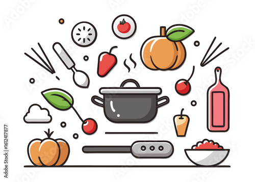 Colorful flat illustration of cooking ingredients and utensils