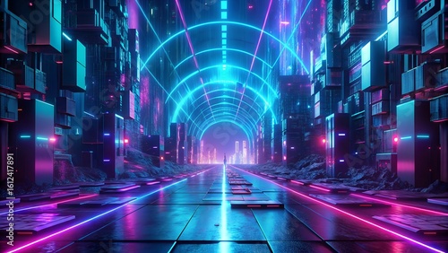 Neon blue cyberpunk background with glitch effects