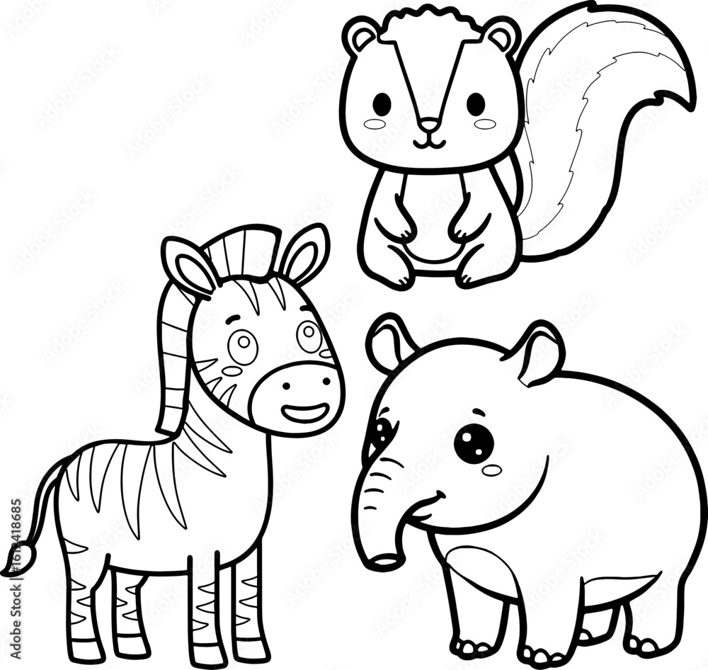 Obraz premium Cute Cartoon Zebra Tapir Elephant and Skunk Outline for Kids Coloring Page