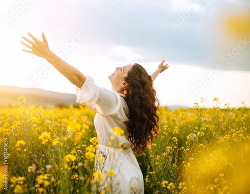 A woman with curly hair stands in a field of yellow flowers, arms raised towards the sky, smiling in apparent joy and freedom.