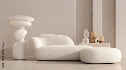 A modern lounge area featuring a modular sofa and sculptural lamp, embodying Scandinavian-inspired interior design.
