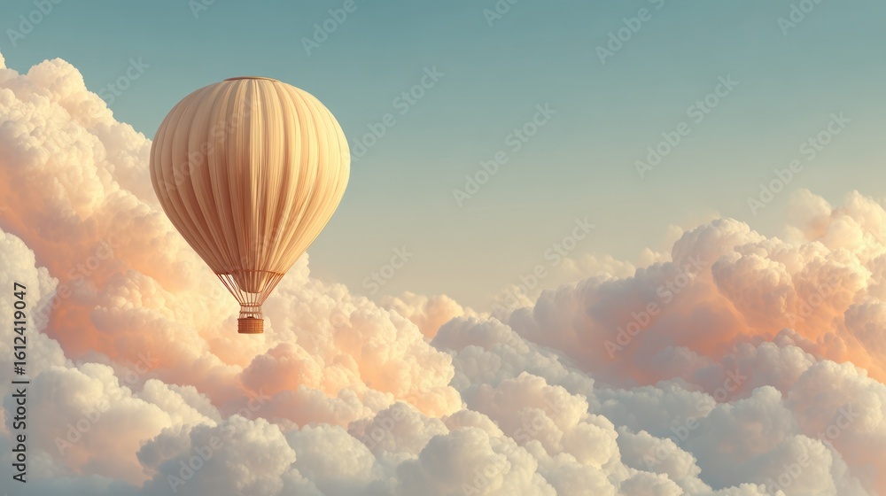 Fototapeta premium A hot air balloon floats above swirling clouds illuminated by warm, soft light