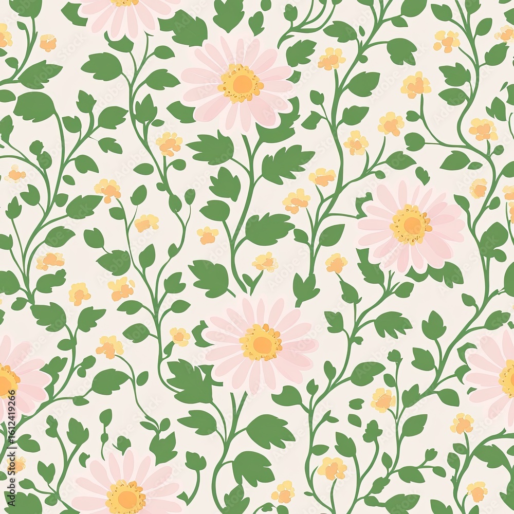 Floral pattern featuring pink daisies, yellow small flowers, and green leaves Floral pattern featuring pink daisies, yellow small flowers, and green leaves