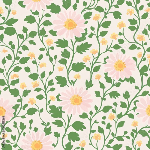 Wallpaper Mural Floral pattern featuring pink daisies, yellow small flowers, and green leaves Torontodigital.ca