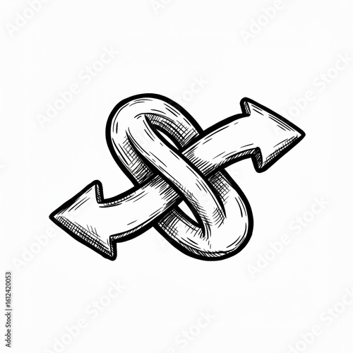 Twisted Ribbon with Opposing Arrows Hand-Drawn Illustration