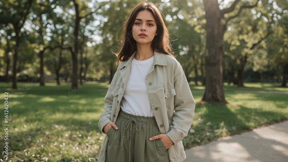 Young Woman Posing in Park with Natural Light and Green Tones Young Woman Posing in Park with Natural Light and Green Tones