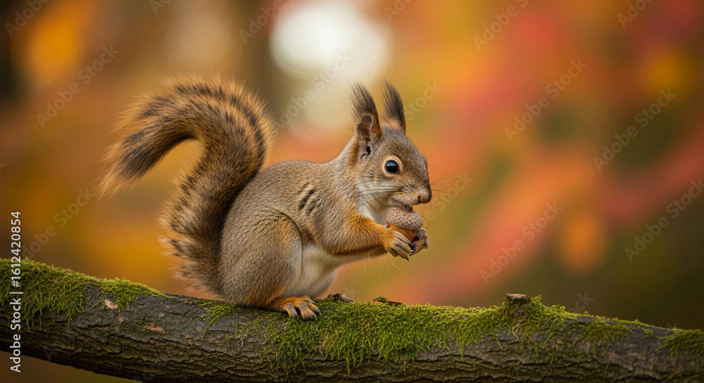 Fototapeta premium Cute Squirrel Eating Nut on Mossy Branch in Autumn