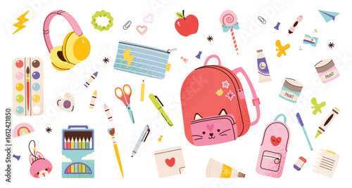 Back to school season. School supplies for kids. Collection of supplies - backpack, stationery, and classroom items.  Vector illustration of art supplies and school stationery, cartoon style. 