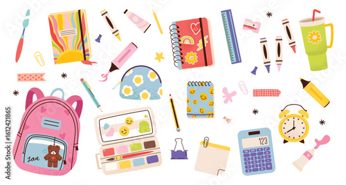 Back to school season. School supplies for kids. Collection of supplies - backpack, stationery, and classroom items.  Vector illustration of art supplies and school stationery, cartoon style. 
