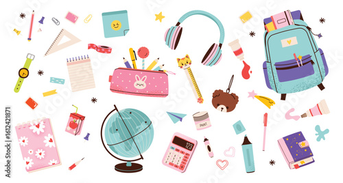 Back to school season. School supplies for kids. Collection of supplies - backpack, stationery, and classroom items.  Vector illustration of art supplies and school stationery, cartoon style. 