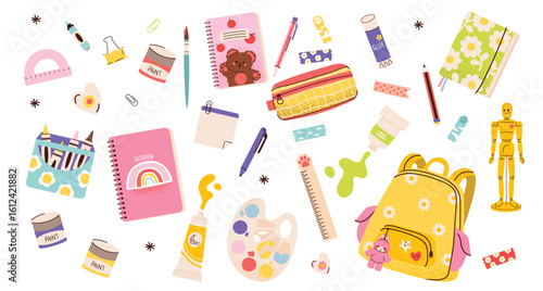 Back to school season. School supplies for kids. Collection of supplies - backpack, stationery, and classroom items.  Vector illustration of art supplies and school stationery, cartoon style. 