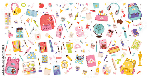 Back to school season. School supplies for kids. Collection of supplies - backpack, stationery, and classroom items.  Vector illustration of art supplies and school stationery, cartoon style. 