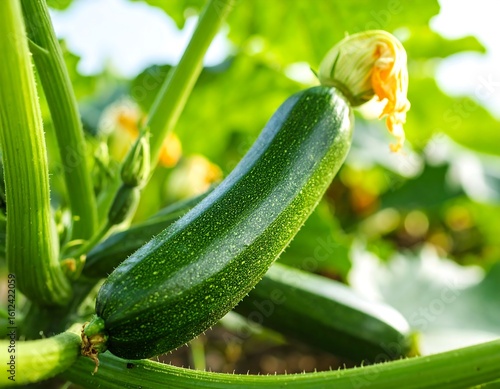 Close-up of a zucchini growing on a vine
