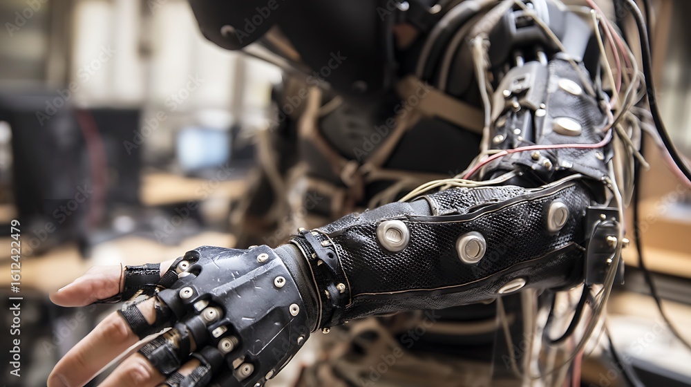 Fototapeta premium Advanced robotic arm with intricate mechanical details and wires
