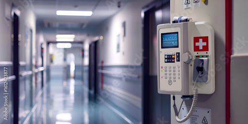 Hospital hallway with medical equipment on the wall, Healthcare technology and emergency call system in hospital, Medical device on hospital wall in corridor
