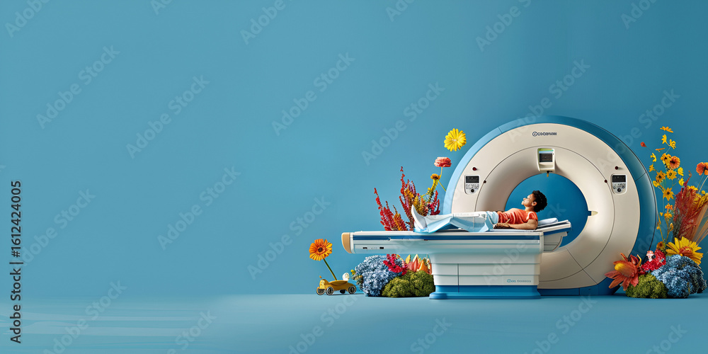 Obraz premium MRI scan machine with child patient in medical facility, Child undergoing MRI scan in hospital, Pediatric MRI scan in hospital with colorful elements
