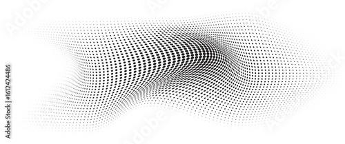 Flowing Wave Dot Halftone Pattern: Curve Gradient Shape on Transparent Background. Suitable for AI, Tech, Network, Digital, Science, and Technology Themes.