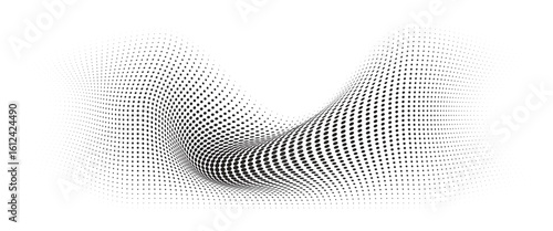 Flowing Wave Dot Halftone Pattern: Curve Gradient Shape on Transparent Background. Suitable for AI, Tech, Network, Digital, Science, and Technology Themes.