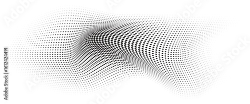 Flowing Wave Dot Halftone Pattern: Curve Gradient Shape on Transparent Background. Suitable for AI, Tech, Network, Digital, Science, and Technology Themes.