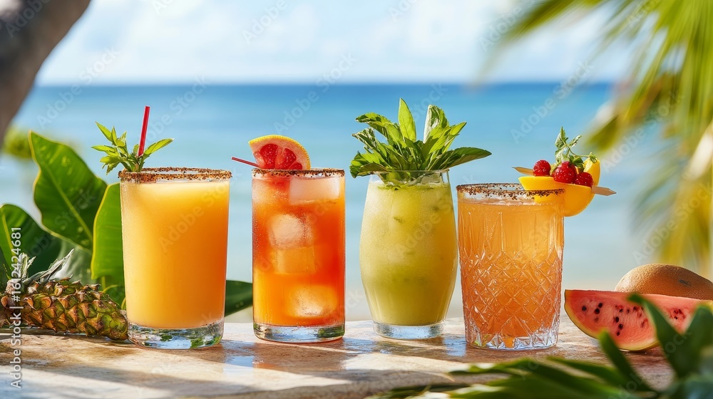 Fototapeta premium A refreshing assortment of colorful cocktails and tropical juice drinks garnished with vibrant fruits and herbs, perfect for a sunny day by the beach