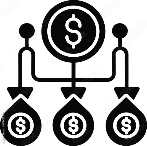Cash flow management icon showing financial distribution and investment allocation. Flat vector.