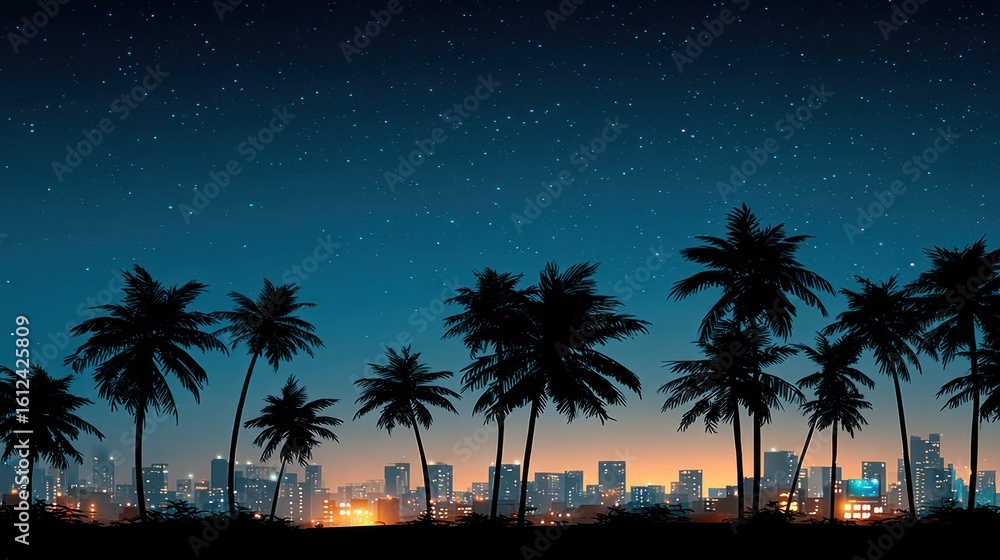 Obraz premium City skyline at night, palm trees silhouettes, starry sky