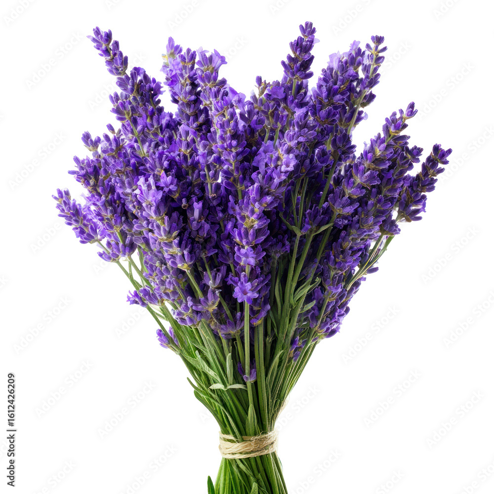 Fototapeta premium Bouquet of Fresh Blooming Lavender Flowers with Green Leaves on Transparent Background